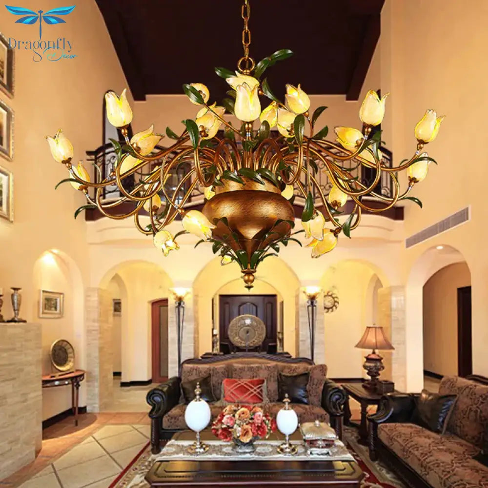 Pastoral Tulip Chandelier Lighting Fixture 12/20/30 Bulbs Metal Led Pendant Ceiling Light In Brass