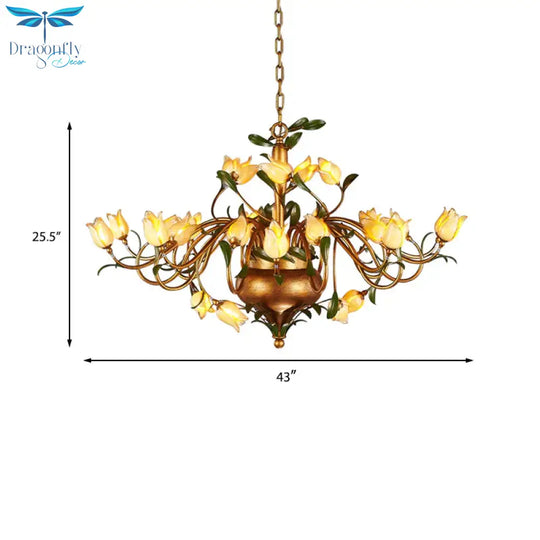Pastoral Tulip Chandelier Lighting Fixture 12/20/30 Bulbs Metal Led Pendant Ceiling Light In Brass