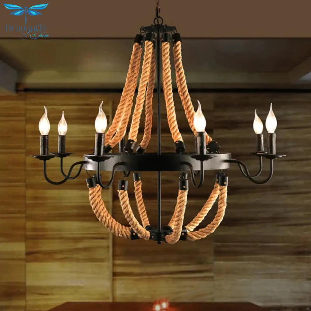 Pauline’s Metal Empire Chandelier - Industrial Lodge Style Pendant With Rope Detail