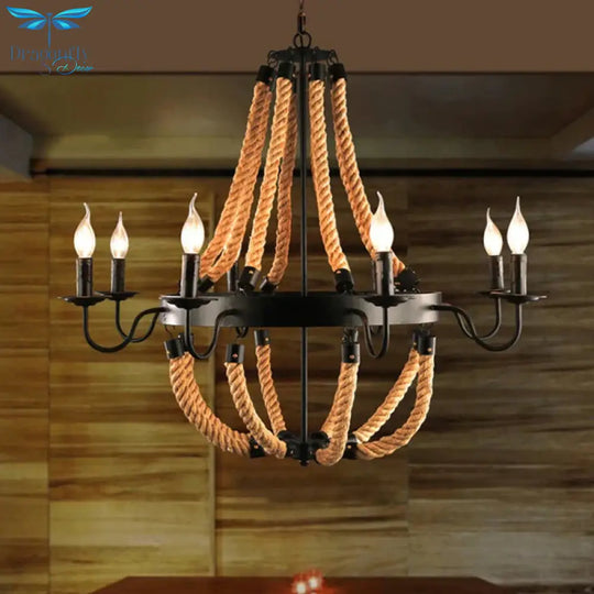 Pauline’s Metal Empire Chandelier - Industrial Lodge Style Pendant With Rope Detail