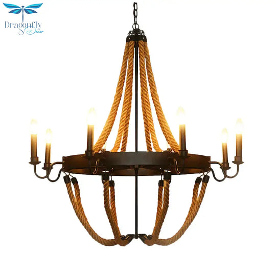 Pauline’s Metal Empire Chandelier - Industrial Lodge Style Pendant With Rope Detail