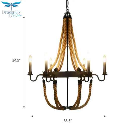 Pauline’s Metal Empire Chandelier - Industrial Lodge Style Pendant With Rope Detail