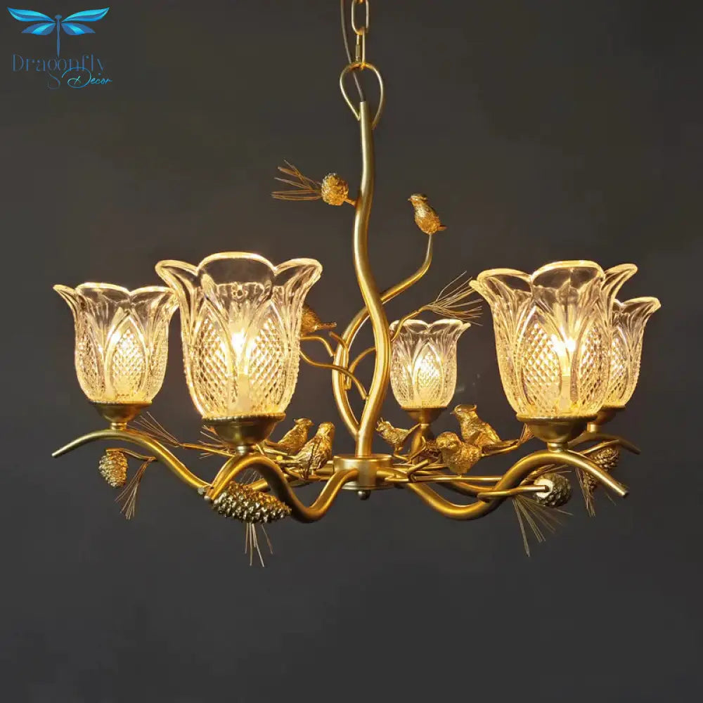 Petal Dining Room Ceiling Lamp Clear Textured Glass 6/8 Bulbs Retro Stylish Chandelier Light