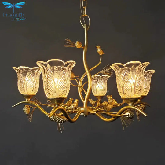 Petal Dining Room Ceiling Lamp Clear Textured Glass 6/8 Bulbs Retro Stylish Chandelier Light