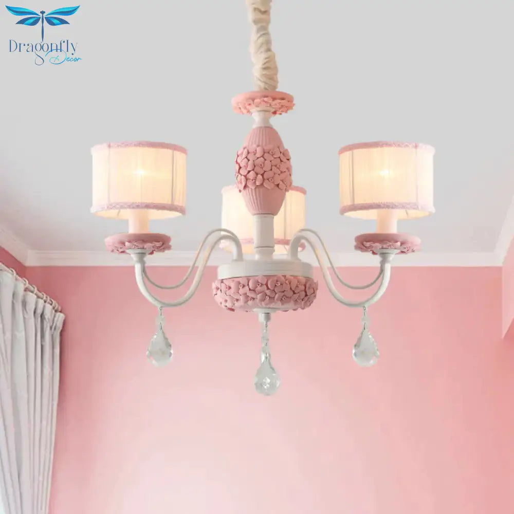 Pink 3 Heads Suspension Light Traditional Fabric Drum Pleated Lampshade Chandelier With Clear