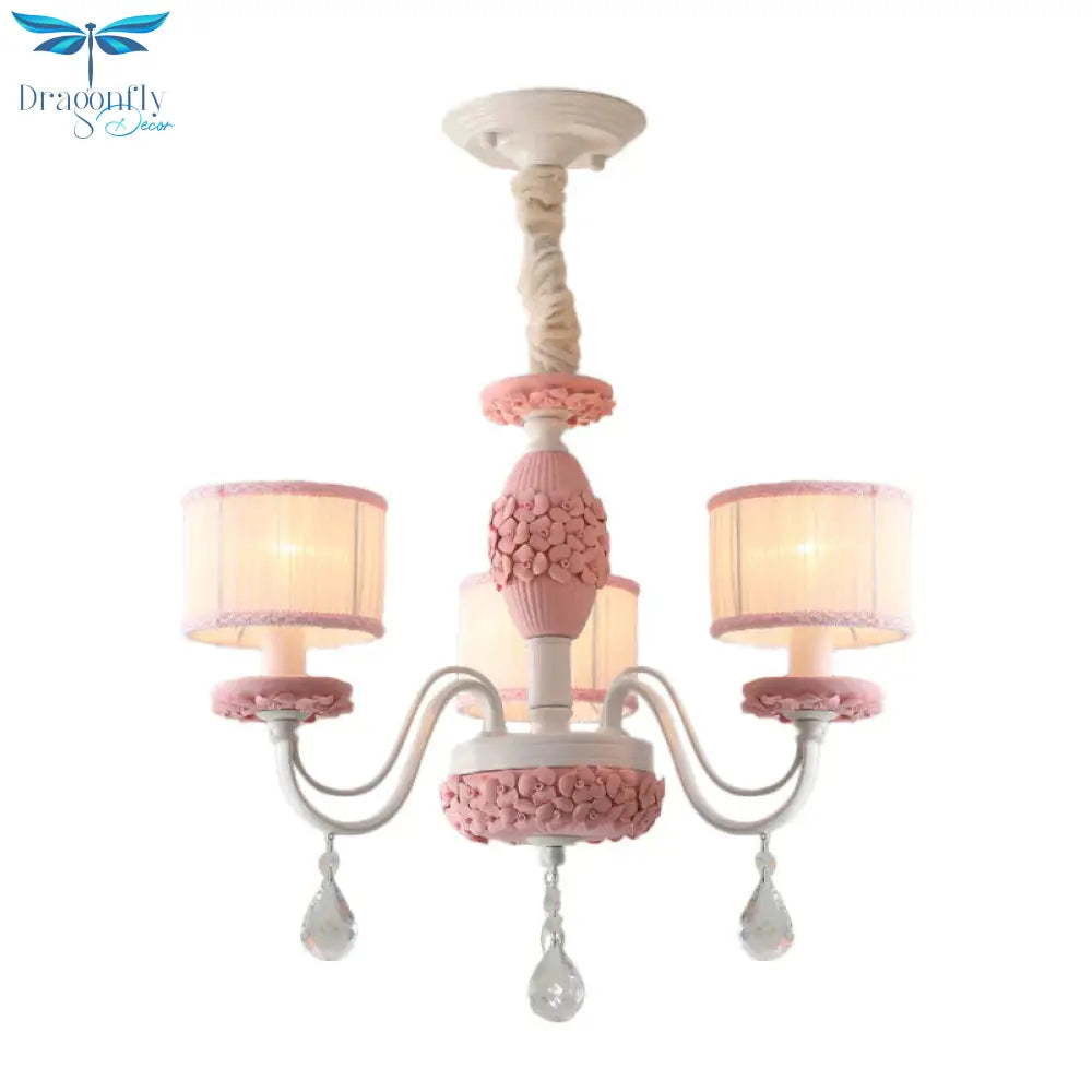 Pink 3 Heads Suspension Light Traditional Fabric Drum Pleated Lampshade Chandelier With Clear