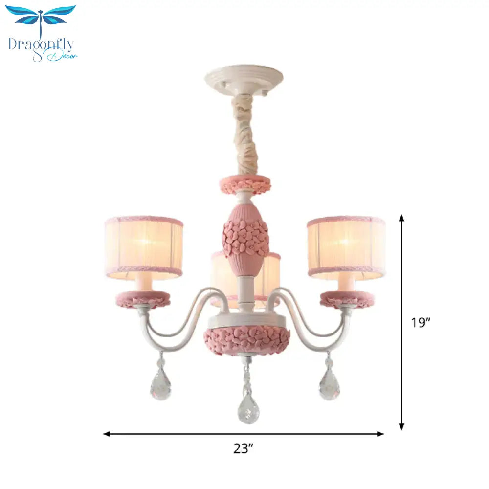 Pink 3 Heads Suspension Light Traditional Fabric Drum Pleated Lampshade Chandelier With Clear