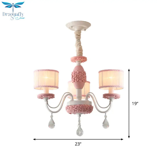 Pink 3 Heads Suspension Light Traditional Fabric Drum Pleated Lampshade Chandelier With Clear