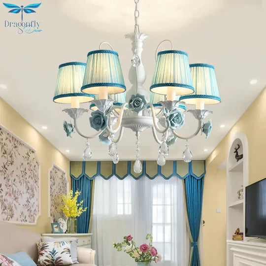 Pink/Blue 6 Heads Chandelier Lighting Korean Garden Metal Tapered Hanging Light Fixture With Fabric