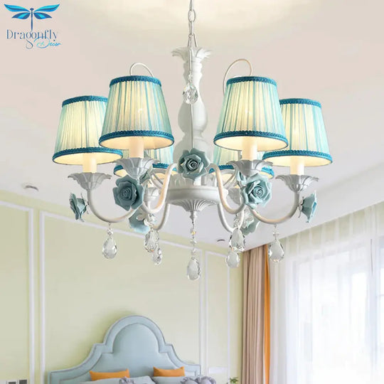 Pink/Blue 6 Heads Chandelier Lighting Korean Garden Metal Tapered Hanging Light Fixture With Fabric