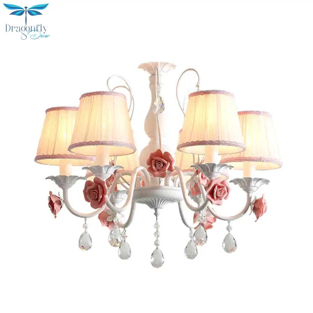 Pink/Blue 6 Heads Chandelier Lighting Korean Garden Metal Tapered Hanging Light Fixture With Fabric