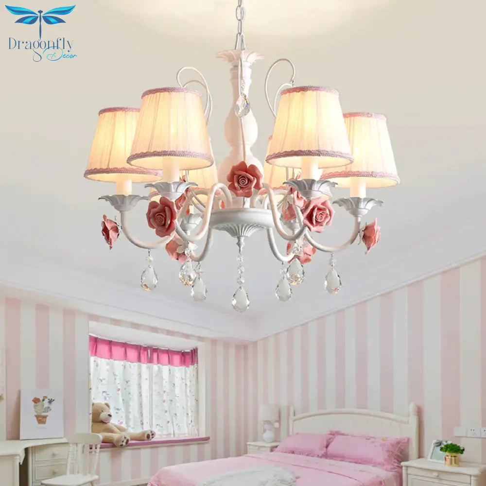 Pink/Blue 6 Heads Chandelier Lighting Korean Garden Metal Tapered Hanging Light Fixture With Fabric