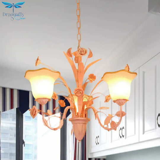 Pink/Blue Blossom Ceiling Chandelier Pastoral Milk Glass 3/5 Lights Dining Room Hanging Light