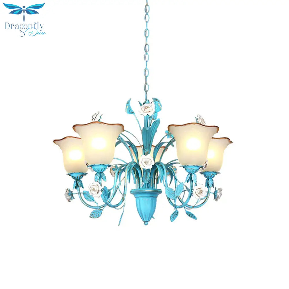 Pink/Blue Blossom Ceiling Chandelier Pastoral Milk Glass 3/5 Lights Dining Room Hanging Light