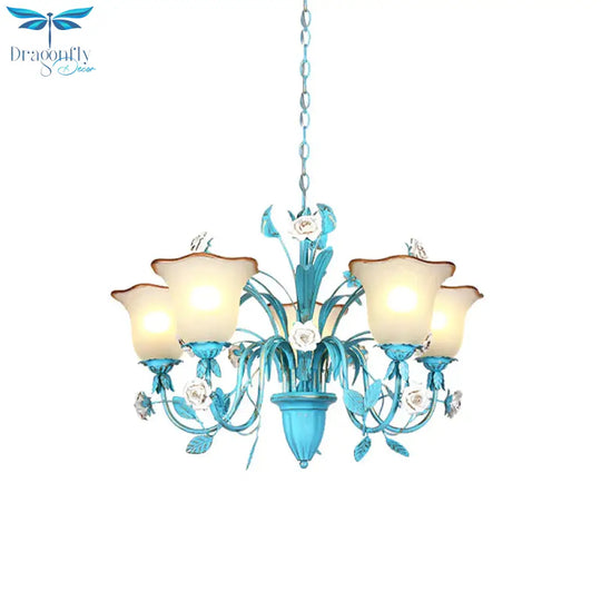 Pink/Blue Blossom Ceiling Chandelier Pastoral Milk Glass 3/5 Lights Dining Room Hanging Light
