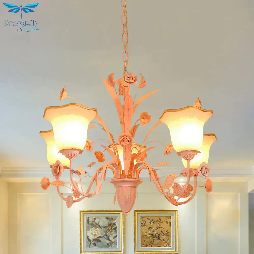 Pink/Blue Blossom Ceiling Chandelier Pastoral Milk Glass 3/5 Lights Dining Room Hanging Light