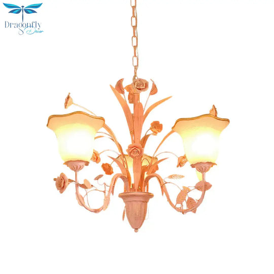 Pink/Blue Blossom Ceiling Chandelier Pastoral Milk Glass 3/5 Lights Dining Room Hanging Light