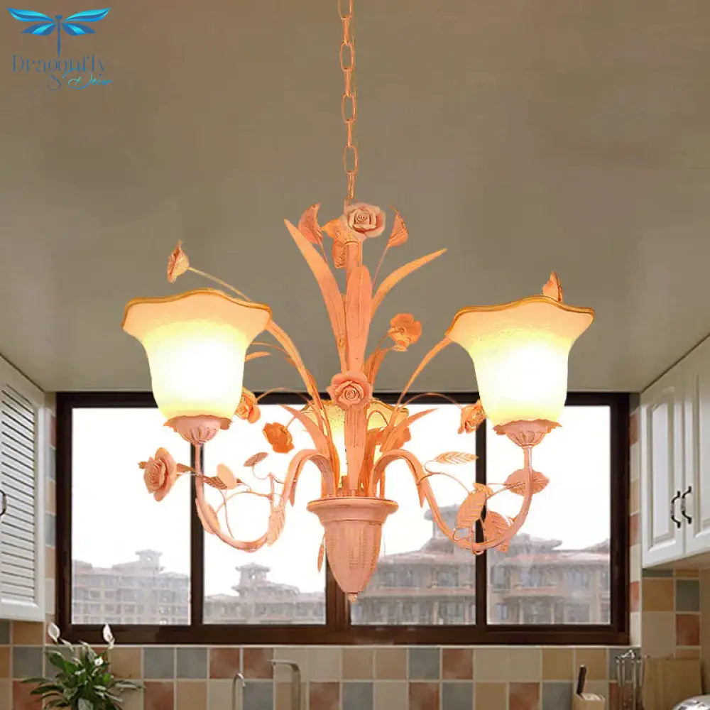 Pink/Blue Blossom Ceiling Chandelier Pastoral Milk Glass 3/5 Lights Dining Room Hanging Light