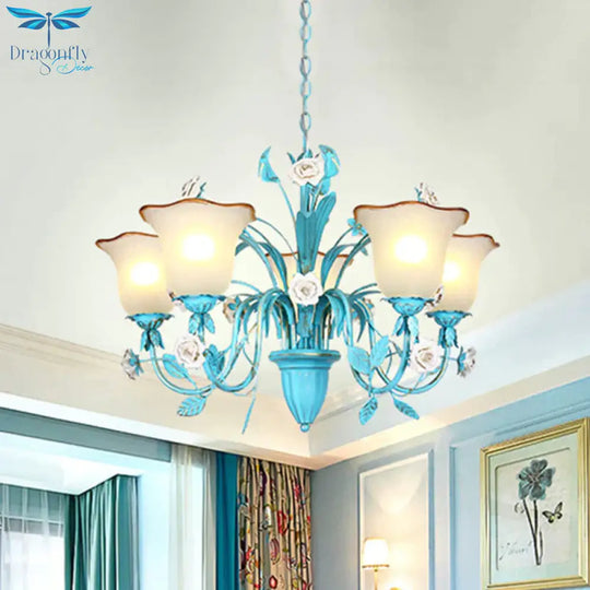 Pink/Blue Blossom Ceiling Chandelier Pastoral Milk Glass 3/5 Lights Dining Room Hanging Light