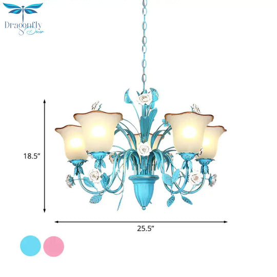 Pink/Blue Blossom Ceiling Chandelier Pastoral Milk Glass 3/5 Lights Dining Room Hanging Light
