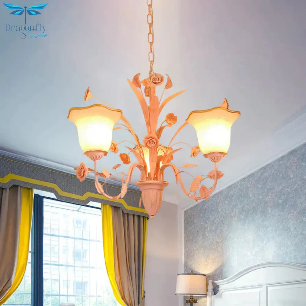 Pink/Blue Blossom Ceiling Chandelier Pastoral Milk Glass 3/5 Lights Dining Room Hanging Light
