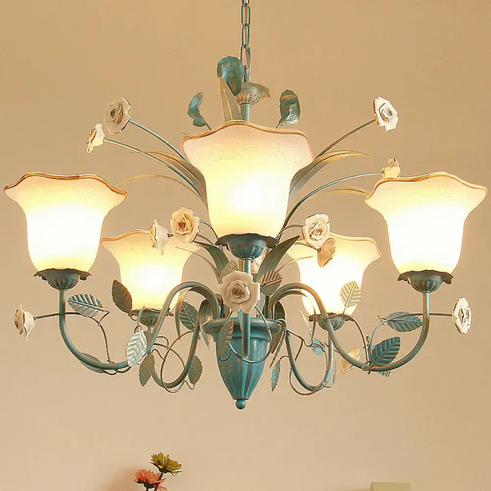 Pink/Blue Blossom Ceiling Chandelier Pastoral Milk Glass 3/5 Lights Dining Room Hanging Light
