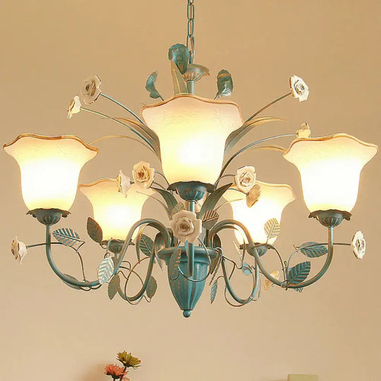 Pink/Blue Blossom Ceiling Chandelier Pastoral Milk Glass 3/5 Lights Dining Room Hanging Light