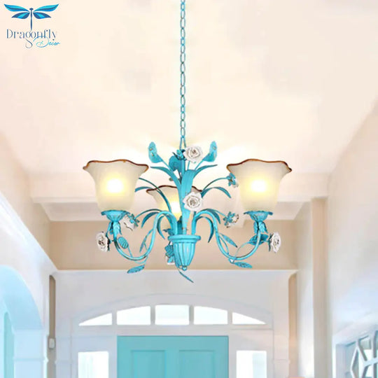Pink/Blue Blossom Ceiling Chandelier Pastoral Milk Glass 3/5 Lights Dining Room Hanging Light