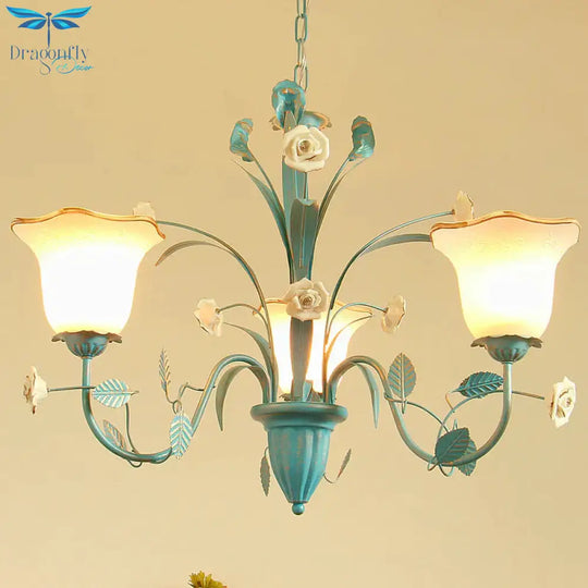 Pink/Blue Blossom Ceiling Chandelier Pastoral Milk Glass 3/5 Lights Dining Room Hanging Light