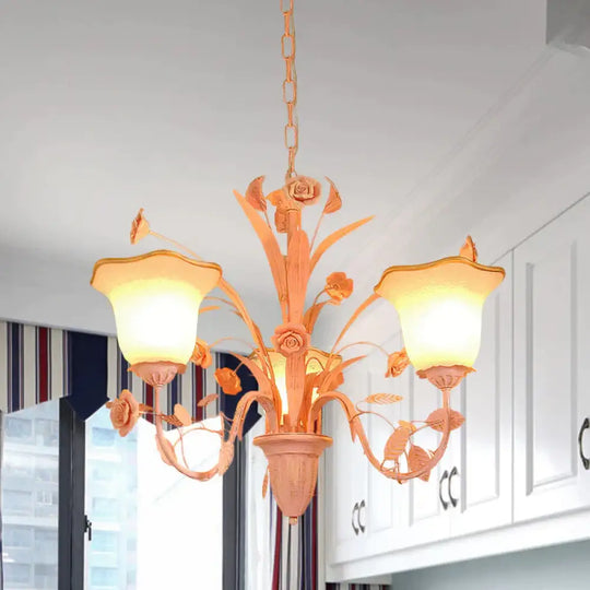 Pink/Blue Blossom Ceiling Chandelier Pastoral Milk Glass 3/5 Lights Dining Room Hanging Light