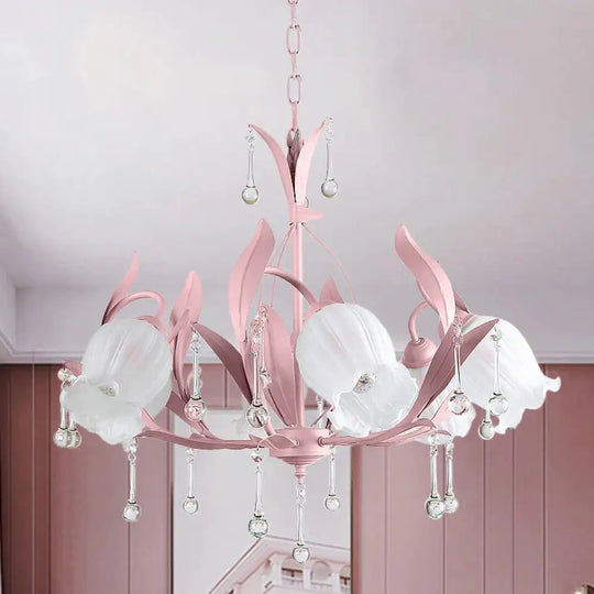 Pink/Blue/Green 6 Bulbs Chandelier Lamp Traditional Crystal Balls Floral Hanging Light Kit For