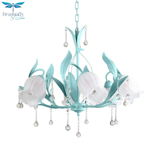 Pink/Blue/Green 6 Bulbs Chandelier Lamp Traditional Crystal Balls Floral Hanging Light Kit For