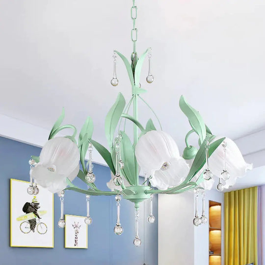 Pink/Blue/Green 6 Bulbs Chandelier Lamp Traditional Crystal Balls Floral Hanging Light Kit For