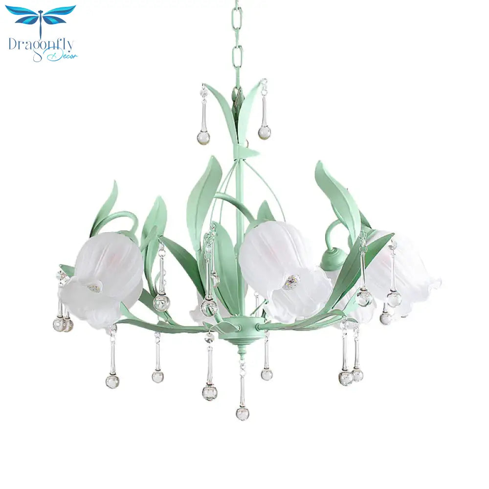 Pink/Blue/Green 6 Bulbs Chandelier Lamp Traditional Crystal Balls Floral Hanging Light Kit For