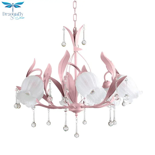 Pink/Blue/Green 6 Bulbs Chandelier Lamp Traditional Crystal Balls Floral Hanging Light Kit For