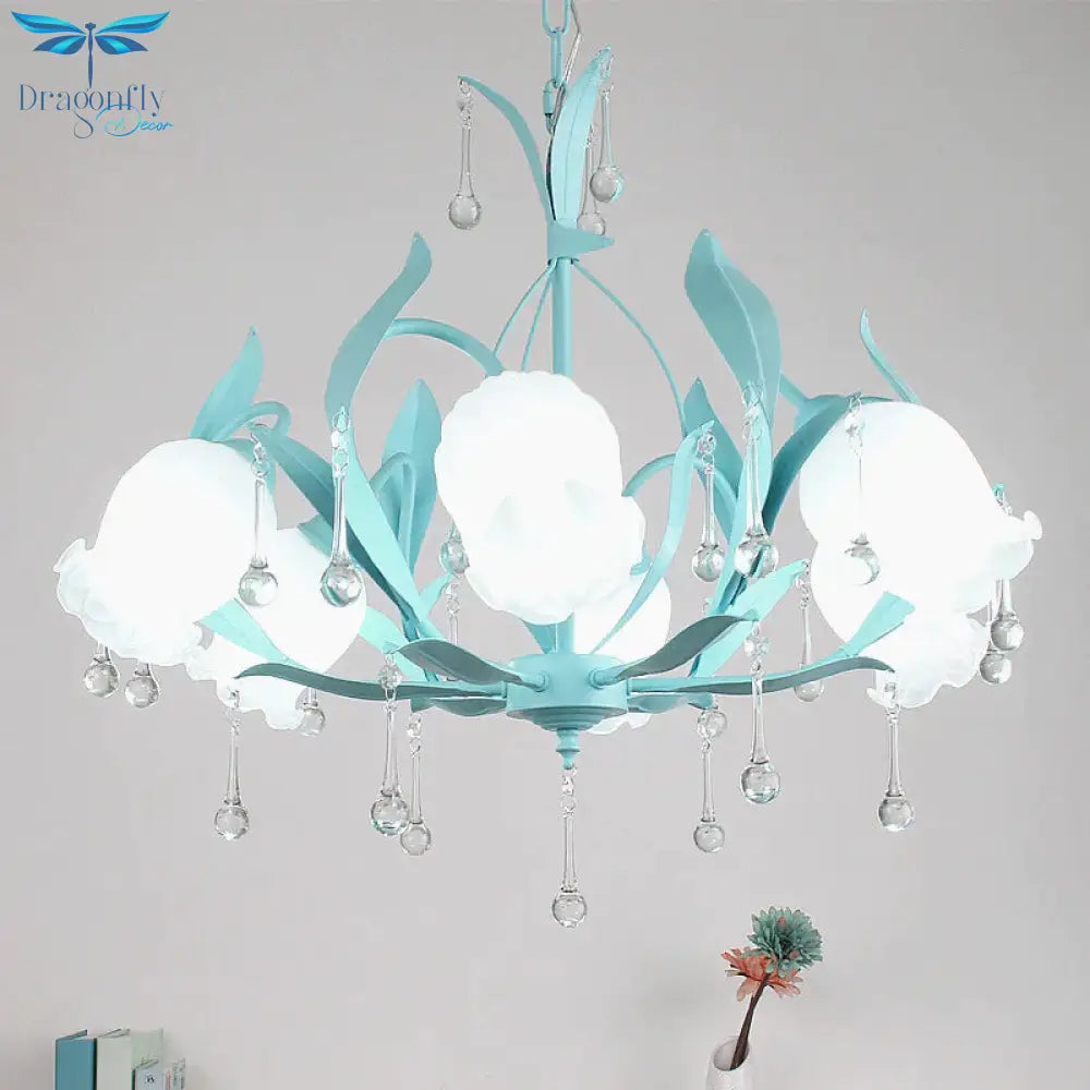Pink/Blue/Green 6 Bulbs Chandelier Lamp Traditional Crystal Balls Floral Hanging Light Kit For