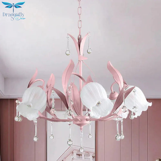 Pink/Blue/Green 6 Bulbs Chandelier Lamp Traditional Crystal Balls Floral Hanging Light Kit For