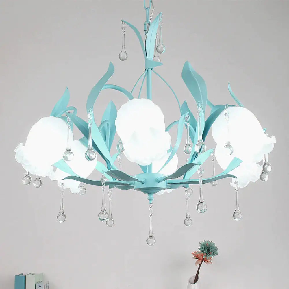 Pink/Blue/Green 6 Bulbs Chandelier Lamp Traditional Crystal Balls Floral Hanging Light Kit For