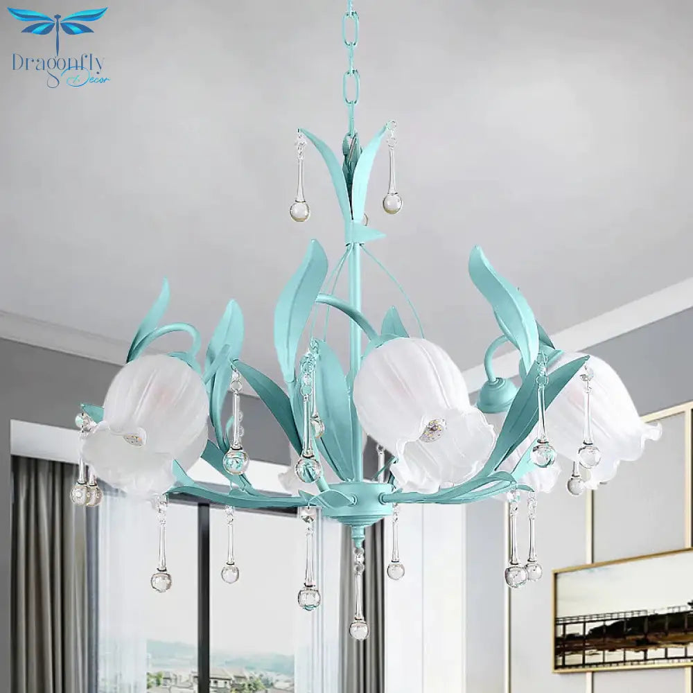 Pink/Blue/Green 6 Bulbs Chandelier Lamp Traditional Crystal Balls Floral Hanging Light Kit For