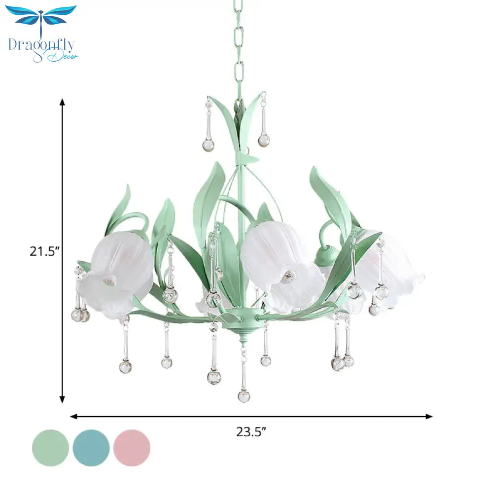 Pink/Blue/Green 6 Bulbs Chandelier Lamp Traditional Crystal Balls Floral Hanging Light Kit For