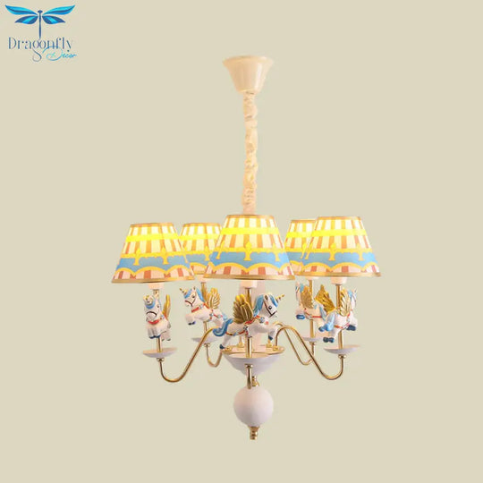 Pink/Blue Tapered Pendant Chandelier Cartoon 5 Lights Fabric Ceiling Light With Unicorn Decoration