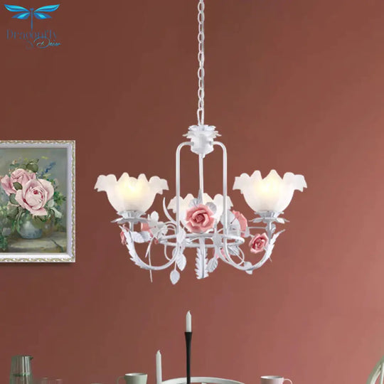 Pink Scalloped Suspension Pendant Light Countryside White Glass 3 Lights Dining Room Chandelier