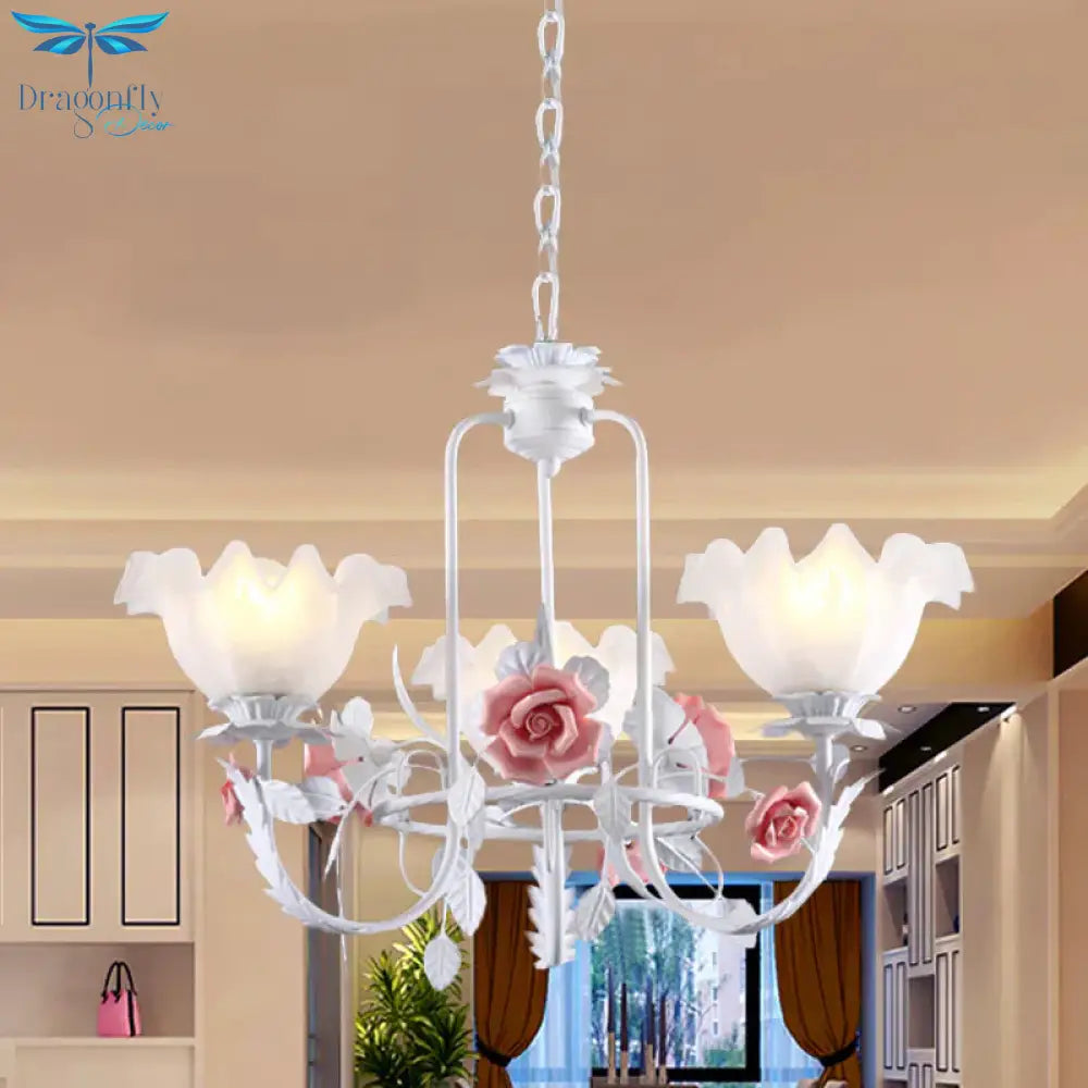 Pink Scalloped Suspension Pendant Light Countryside White Glass 3 Lights Dining Room Chandelier
