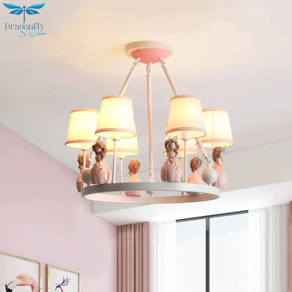 Pink Tapered Shade Hanging Pendant Lights With Princess Cartoon Fabric Chandelier For Girls Bedroom