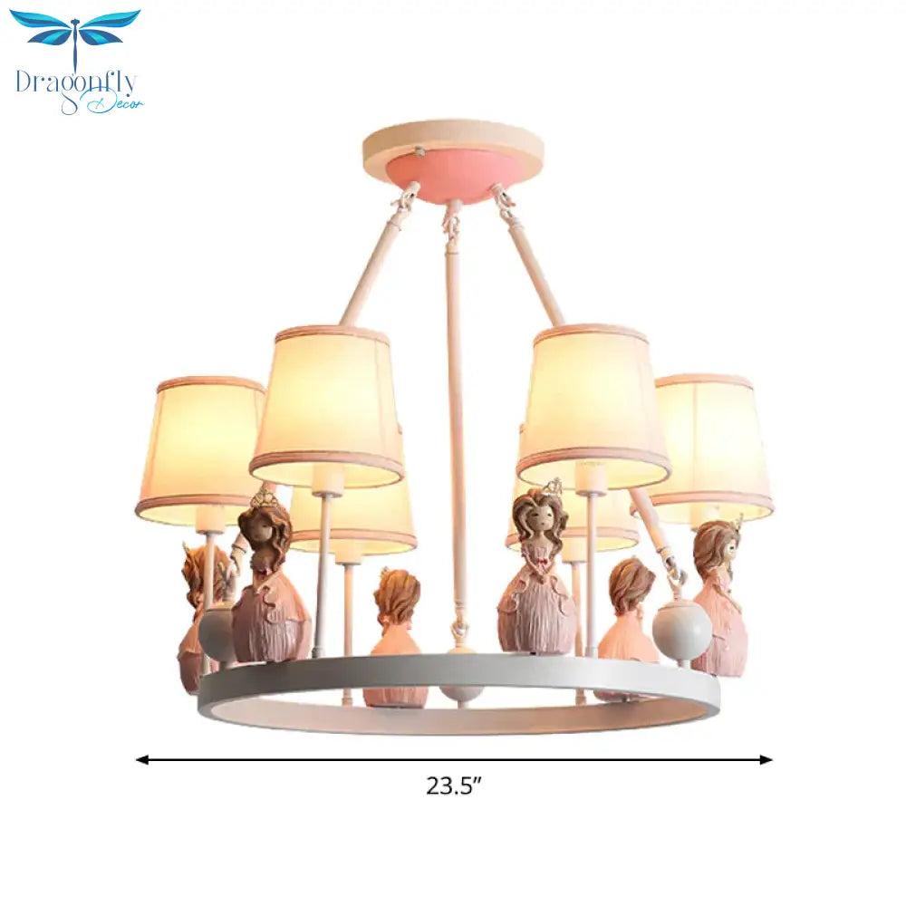 Pink Tapered Shade Hanging Pendant Lights With Princess Cartoon Fabric Chandelier For Girls Bedroom