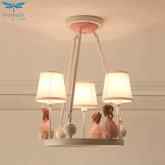 Pink Tapered Shade Hanging Pendant Lights With Princess Cartoon Fabric Chandelier For Girls Bedroom
