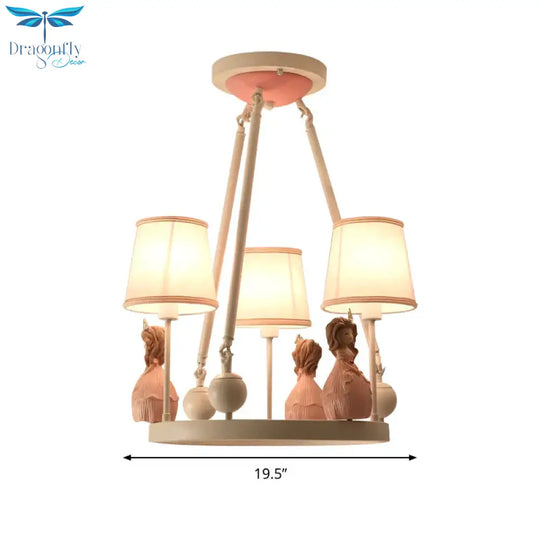 Pink Tapered Shade Hanging Pendant Lights With Princess Cartoon Fabric Chandelier For Girls Bedroom