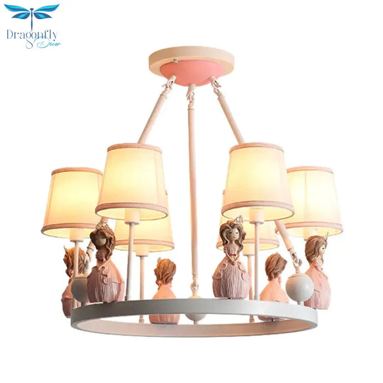 Pink Tapered Shade Hanging Pendant Lights With Princess Cartoon Fabric Chandelier For Girls Bedroom