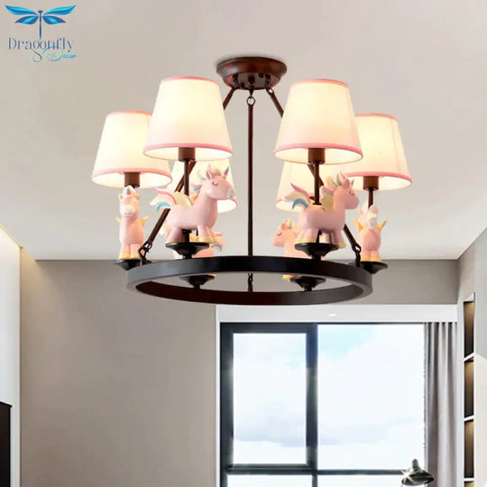 Pink Unicorn Pendulum Light With Black Ring Design Cartoon 6 Heads Fabric Ceiling Chandelier