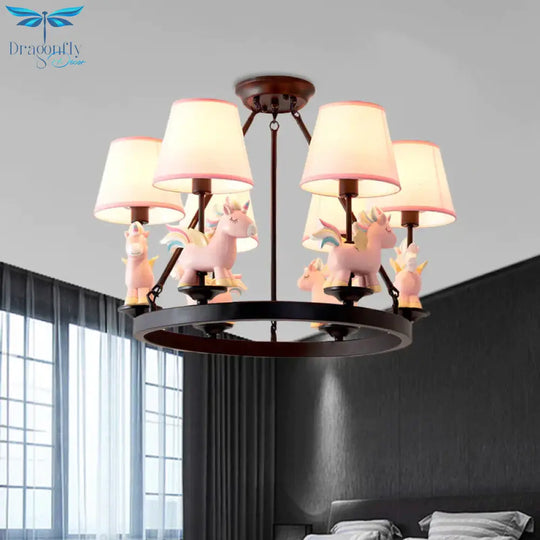 Pink Unicorn Pendulum Light With Black Ring Design Cartoon 6 Heads Fabric Ceiling Chandelier
